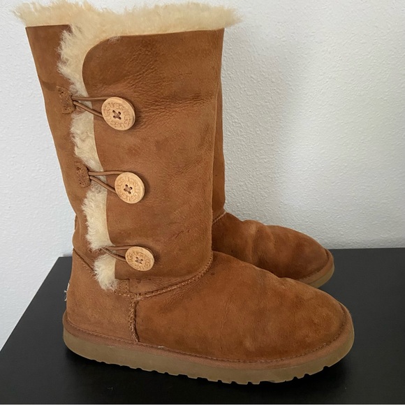 UGG Shoes - UGG Bailey Button Triplet Suede Shearling Tall Boots Chestnut